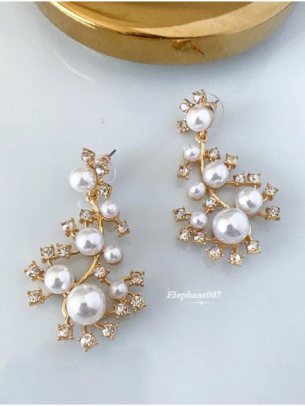 Oscar de la Renta Pearl Crystal Branch Statement Earrings Gold Tone Bridal Earri
